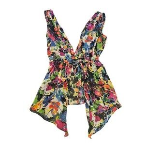 Cache 100% Silk Top Women XS Floral Front Tie Blouse Sleeveless Multicolor